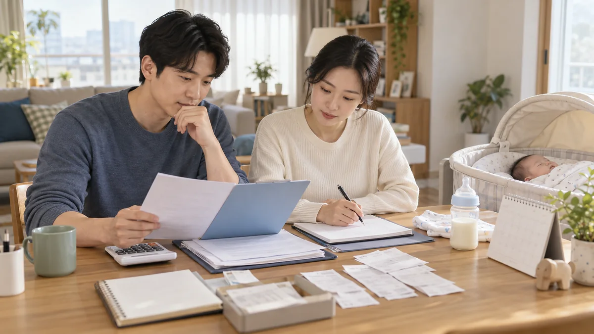 신생아를 돌보며 개인회생 생계비와 변제계획 자료를 검토하는 부부