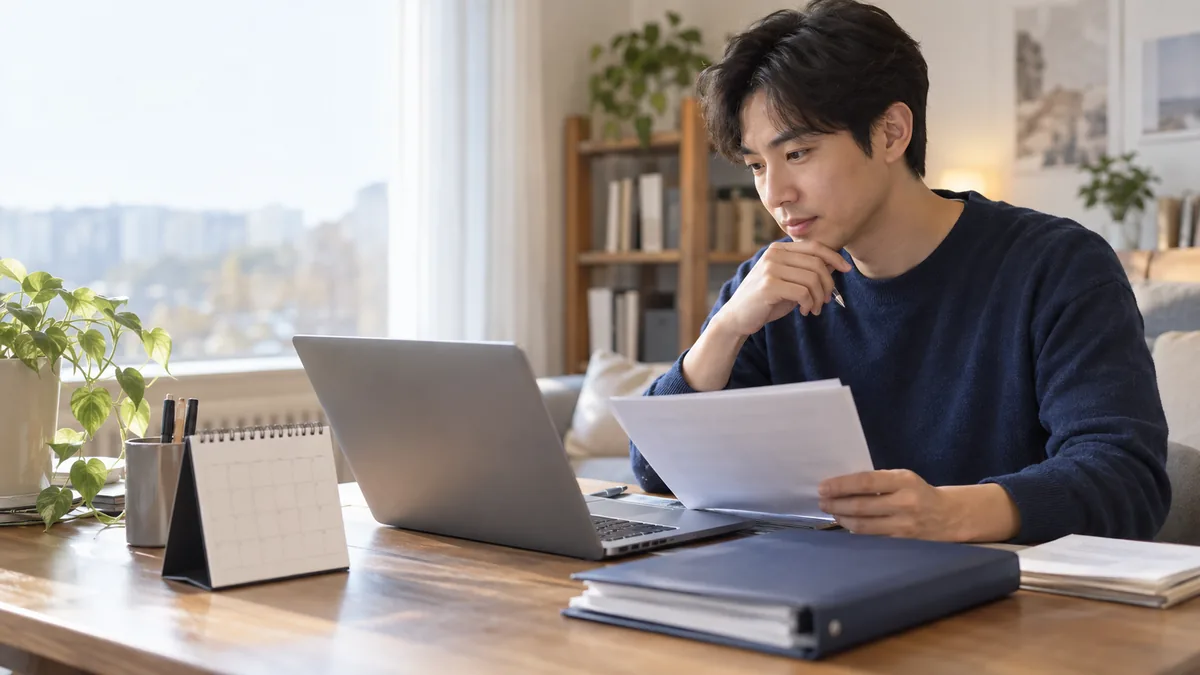 달력과 서류를 놓은 집 안 책상에서 노트북으로 진행 상황을 확인하는 신청자