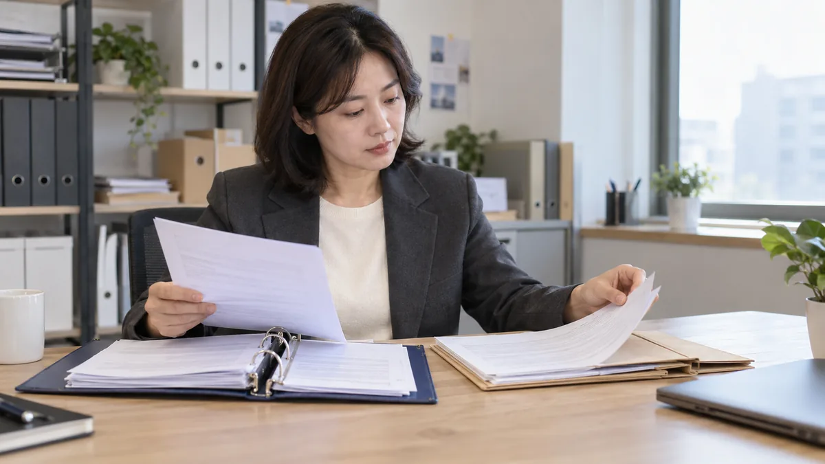 작은 사무실에서 주식회사 대표가 서로 다른 서류철의 회사 자료와 개인 자료를 비교하는 장면