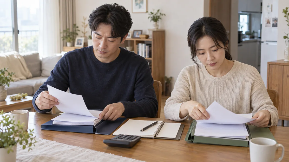 부부가 식탁에서 각자의 개인회생 준비 서류를 별도 폴더에 정리하고 가운데 공동 생활비 노트를 둔 모습