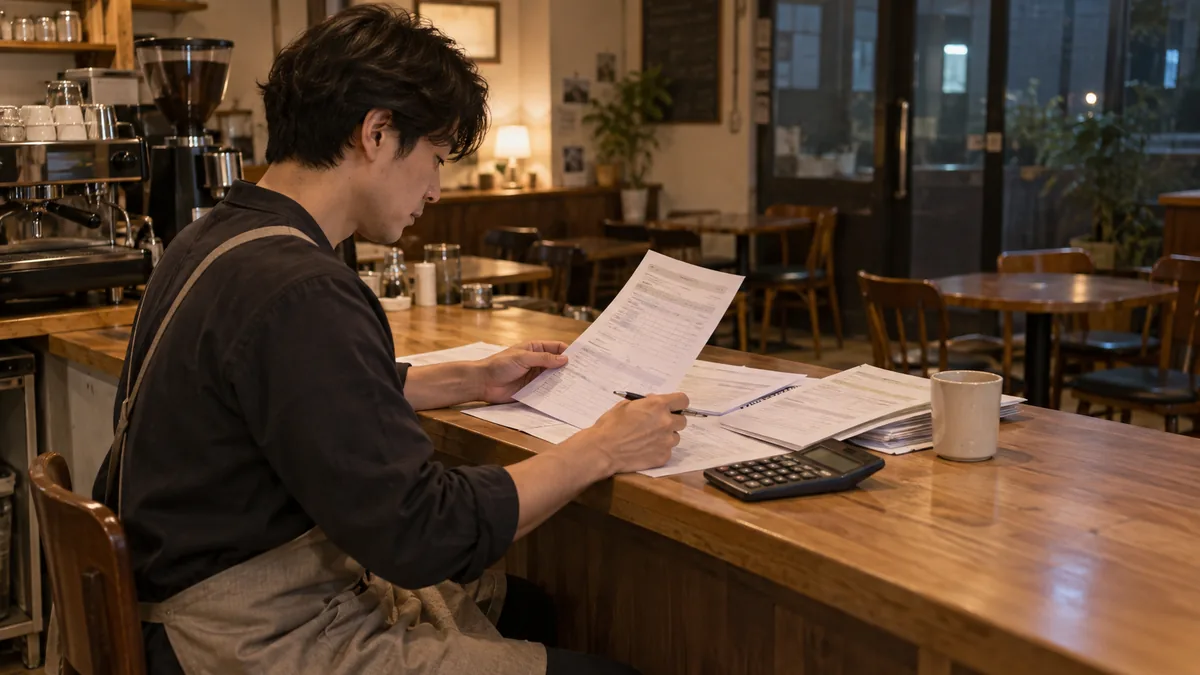 영업을 마친 카페에서 급여 자료와 지급 내역을 검토하는 개인사업자