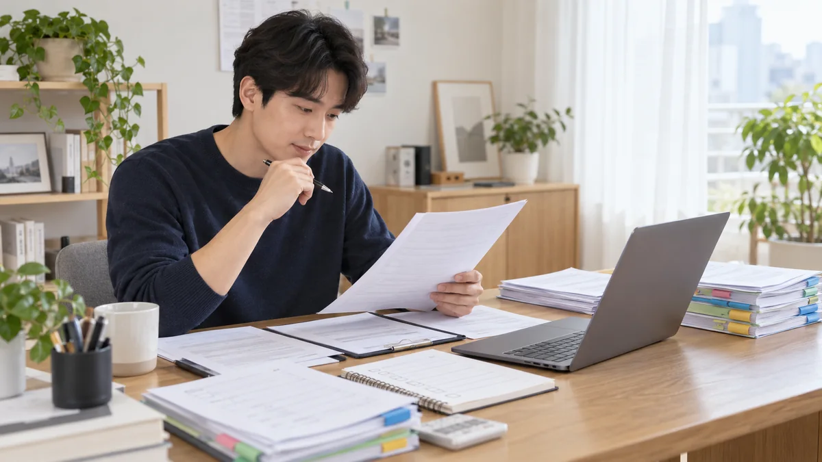 개인회생 신청자가 집에서 채권자·재산·소득 서류와 체크리스트를 스스로 정리하는 모습