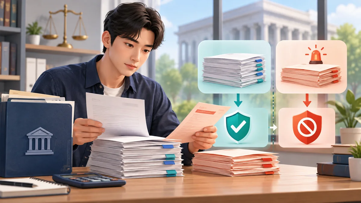 개인회생 신청자가 일반 채무와 면책되지 않는 벌금·과태료 서류를 구분하는 모습