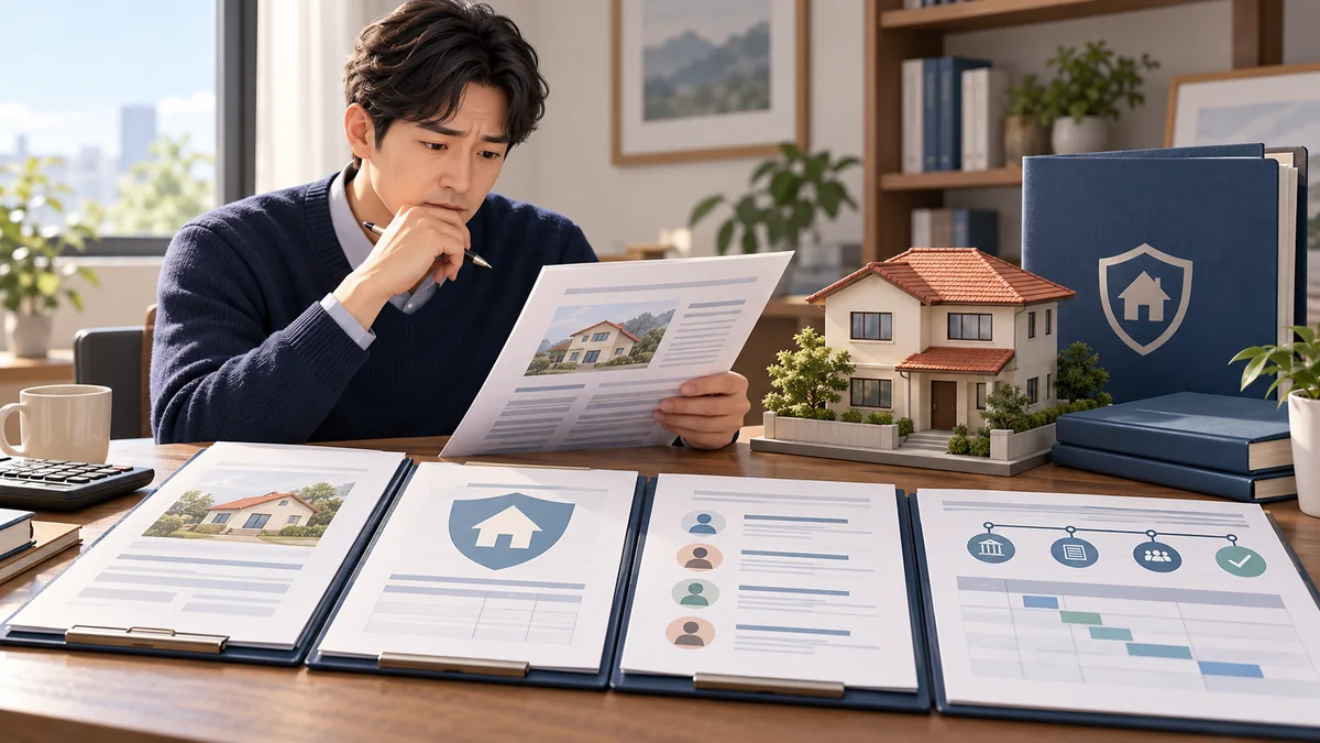 개인회생 신청자가 주택담보대출 서류와 주택가치 및 변제계획을 함께 검토하는 모습