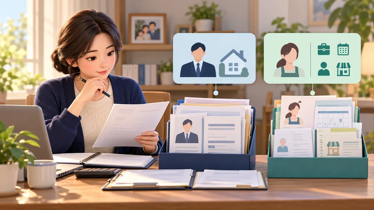 전업주부인 개인회생 신청자가 배우자 급여와 자신의 취업·사업 소득자료를 구분해 검토하는 모습