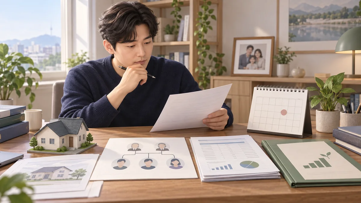 개인회생 신청자가 사망일과 상속관계 및 상속재산을 재산목록과 변제계획에 맞춰 검토하는 모습