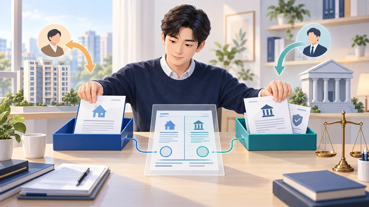 개인회생 신청자가 전세보증금 반환권과 전세대출 잔액 및 담보서류를 재산과 채무로 나누어 확인하는 모습