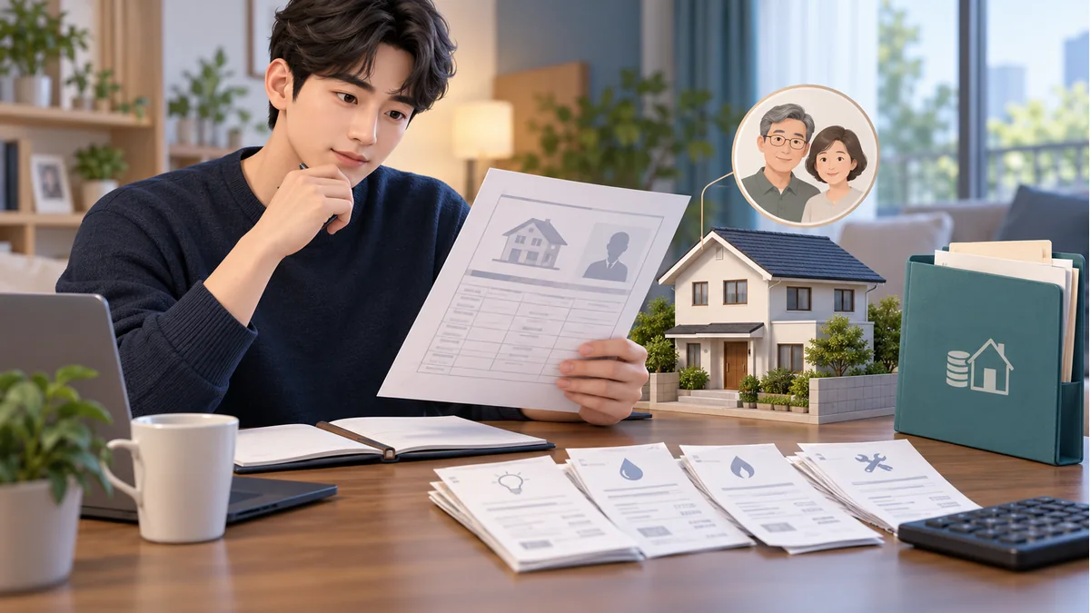 부모님 명의 주택에 무상 거주하는 신청자가 등기와 실제 주거비 자료를 확인하는 모습