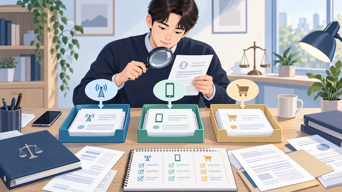 개인회생 신청자가 통신요금과 휴대폰 할부금 및 소액결제 서류를 세 항목으로 나누어 확인하는 모습