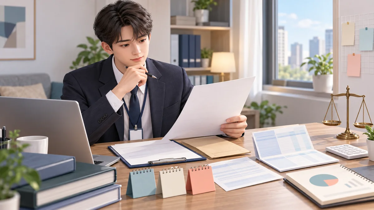 입사 직후 근로계약서와 급여자료를 확인하며 개인회생 소득증빙을 준비하는 신청인