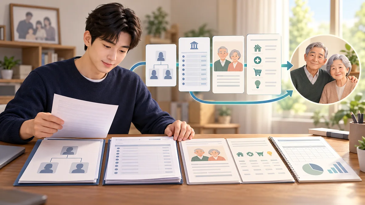 개인회생 신청자가 부모님의 소득과 생활비 및 가족 지원내역을 서류로 정리하는 모습