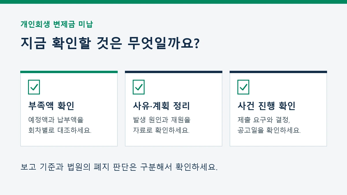 변제금 미납 시 부족액 확인, 사유와 납부계획 정리, 사건 진행 확인으로 이어지는 안내도