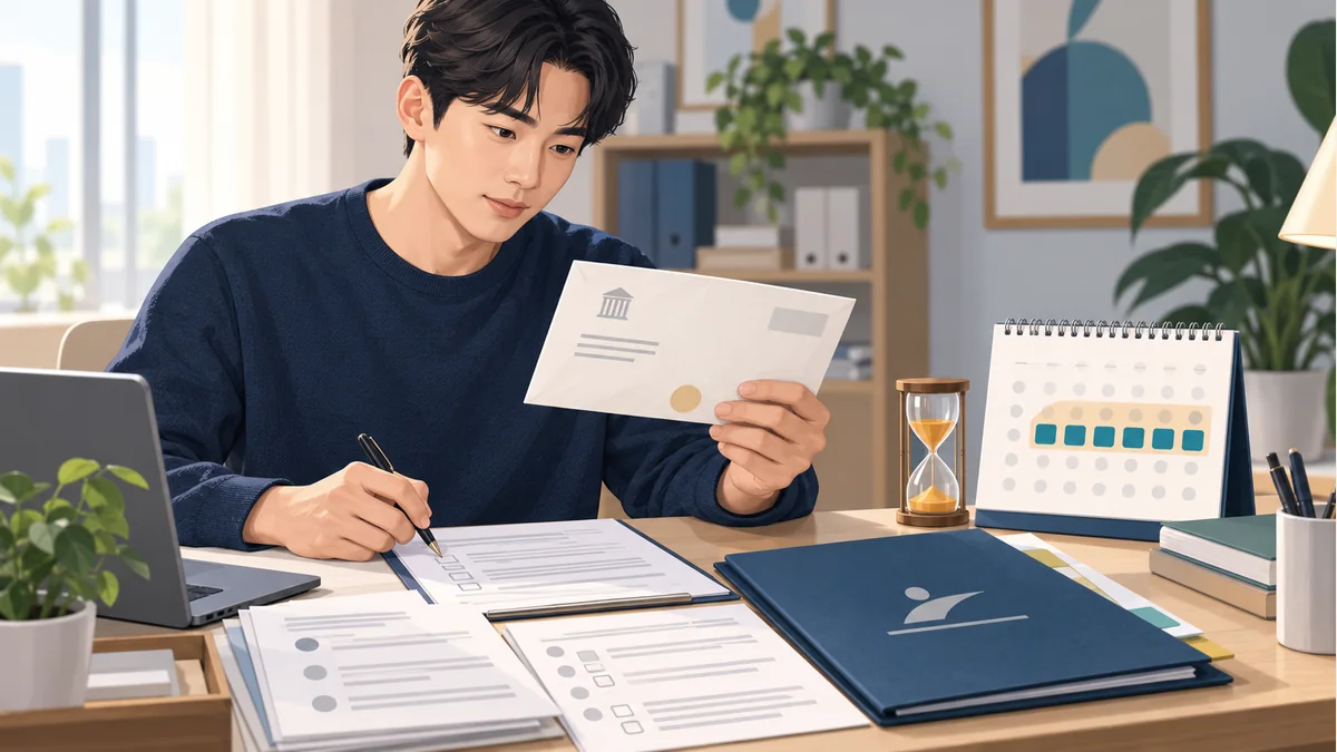 개인회생 신청자가 법원 지급명령 봉투와 이의기간 달력을 함께 확인하는 모습