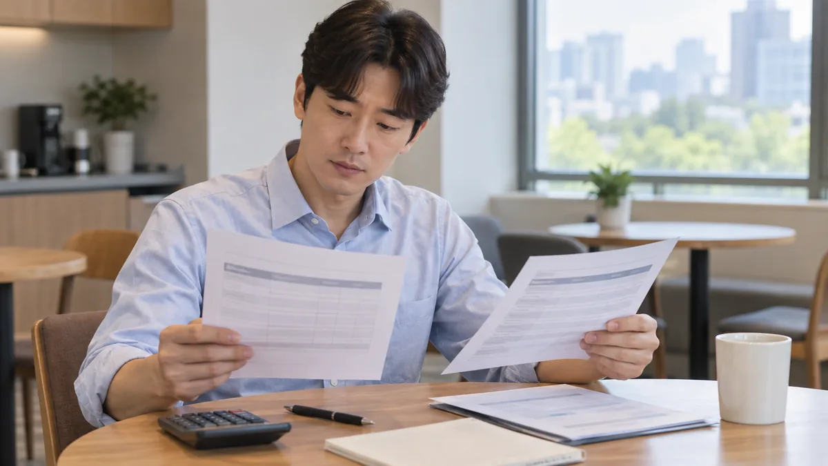 직장인이 회사 휴게 공간에서 급여명세서와 입금 자료를 대조하며 공제 내역을 확인하는 모습