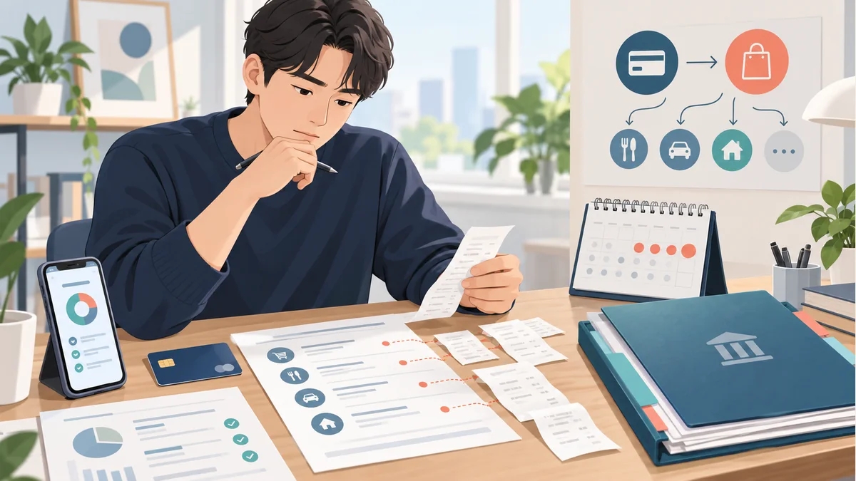 개인회생 신청자가 최근 카드론과 현금서비스 사용처를 거래내역과 영수증으로 대조하는 모습