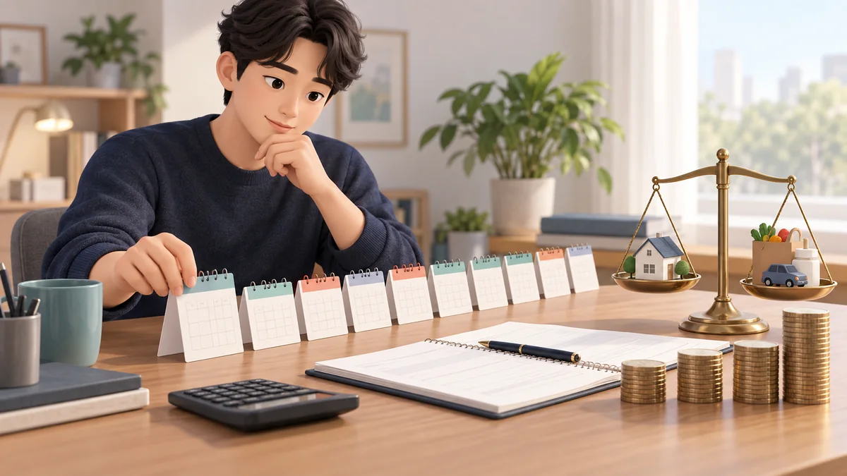 여러 달의 달력과 가계예산표를 놓고 개인회생 변제기간을 계획하는 신청인