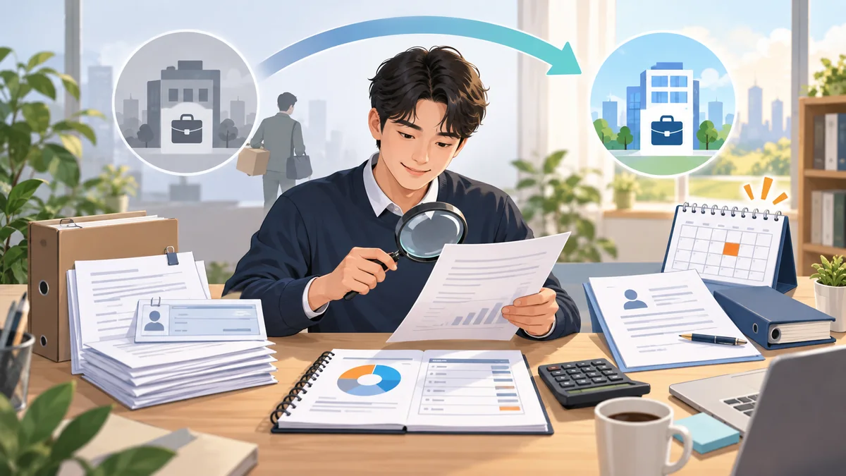 개인회생 신청자가 이전 직장 퇴사자료와 새 직장 근로계약 및 급여자료를 연결해 확인하는 모습