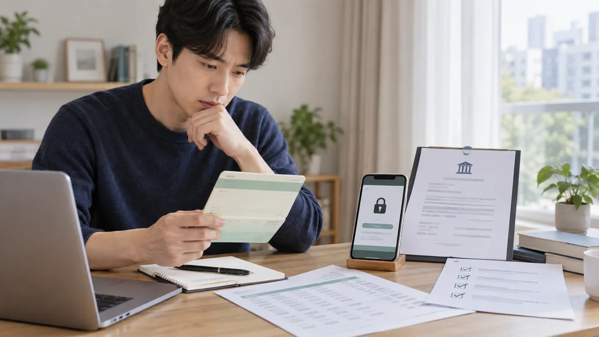개인회생 신청자가 잠금 표시가 있는 통장과 압류 결정문 및 잔액자료를 함께 확인하는 모습