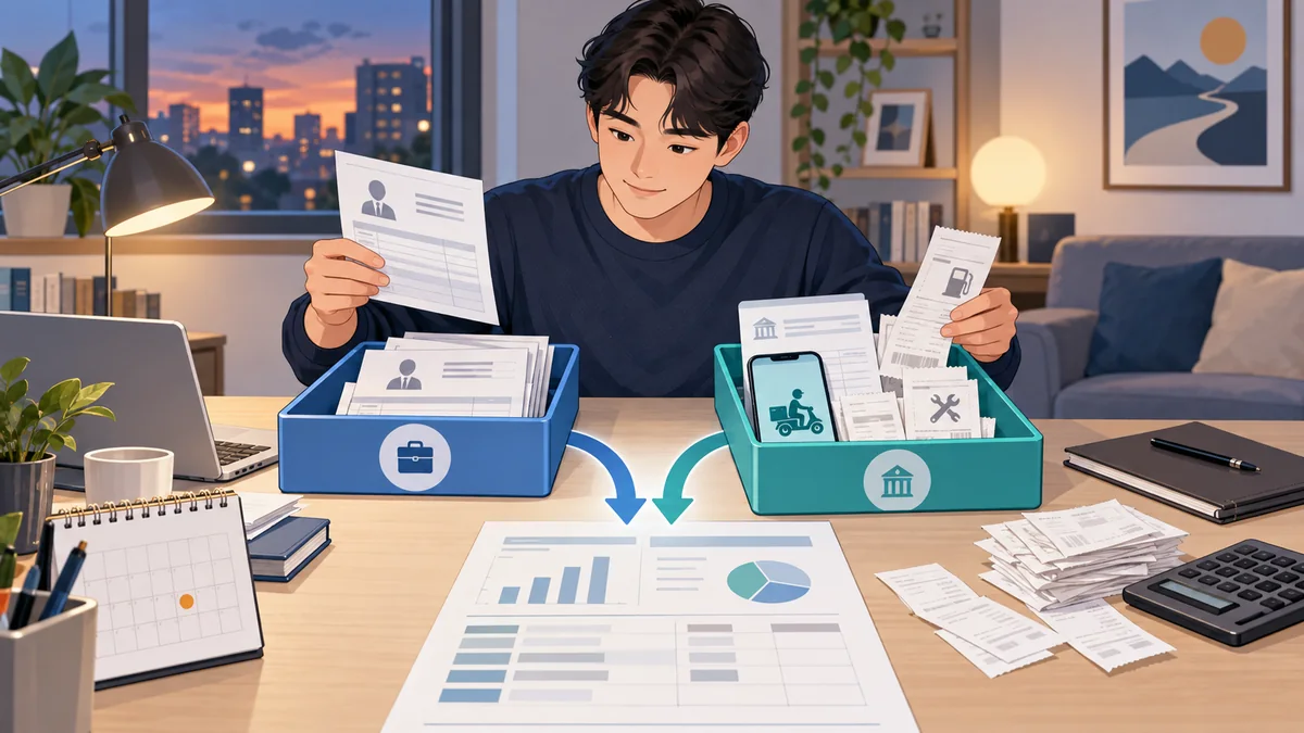 회사원이 본업 급여자료와 배달 플랫폼 부업 정산 및 업무비용 자료를 합쳐 월소득을 계산하는 모습