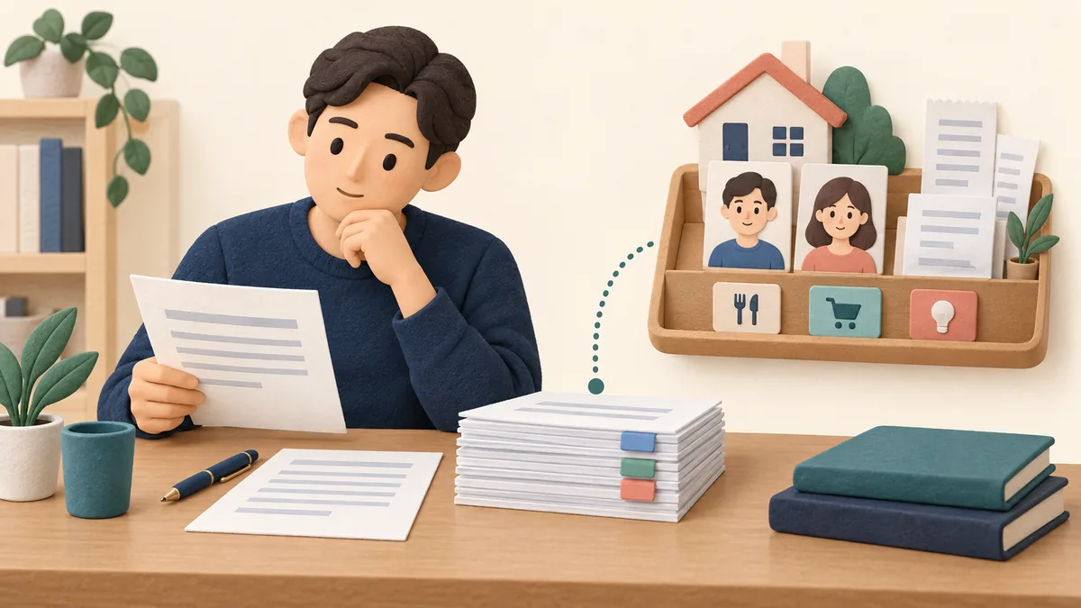 본인의 신청서와 소득 자료를 정리하면서 부부의 가계 자료를 별도로 살펴보는 일러스트