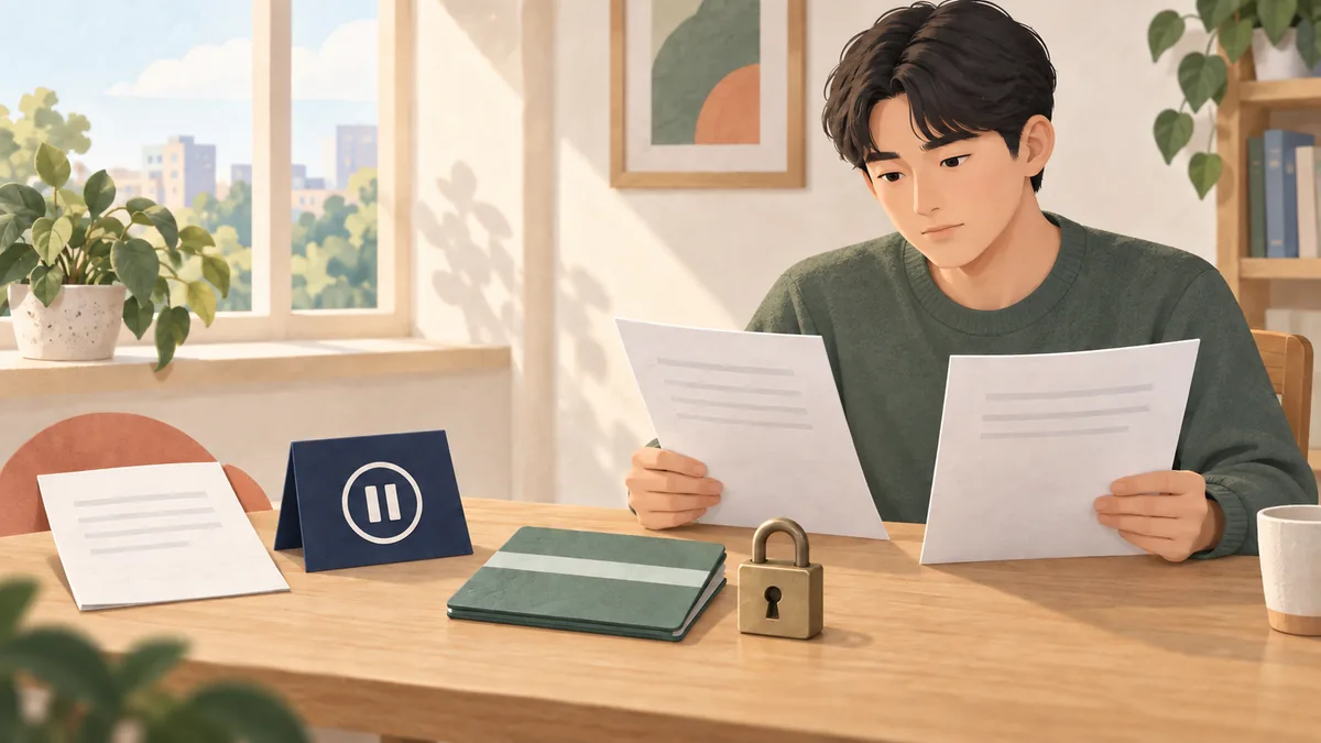 국세 압류 관련 서류를 살펴보는 독자와 닫힌 자물쇠로 통장 사용 제한을 표현한 편집 일러스트