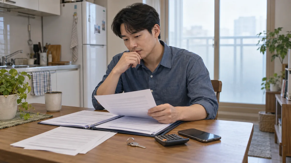 소박한 아파트 식탁에서 세입자가 임대차 서류와 월세 지급 기록을 확인하는 장면