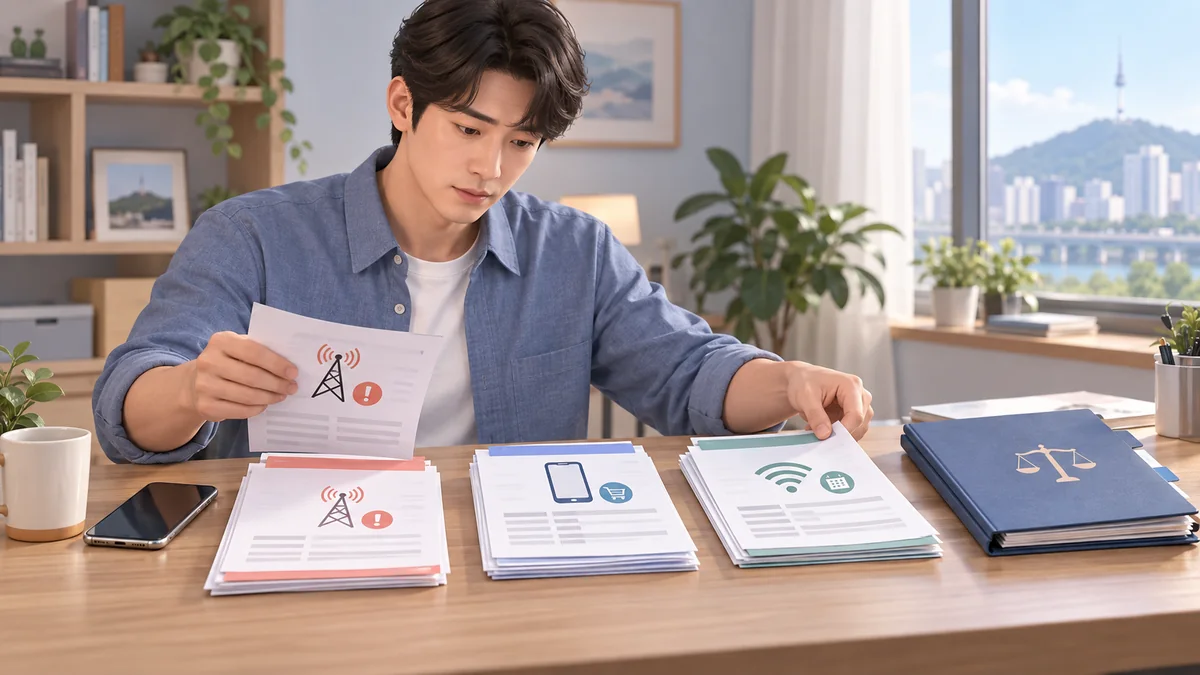 개인회생 신청자가 미납 통신요금과 휴대폰 할부금 및 현재 사용요금을 구분해 정리하는 모습